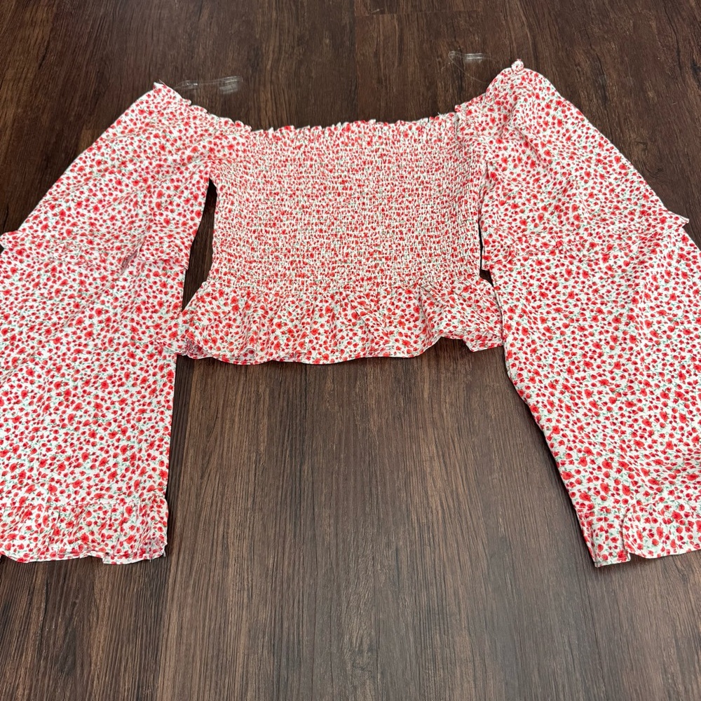 Altar’d State Blouse Medium Off The Shoulder Ruched Flared Sleeve Cropped Boho